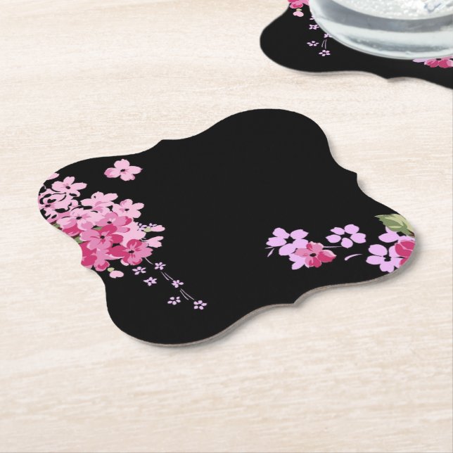 Pink & Black Floral Cherry Blossom   Paper Coaster (Angled)