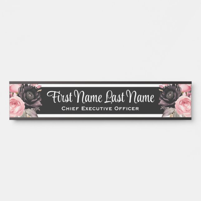 Pink Black Floral Office Door Signs Name Plate (Front)