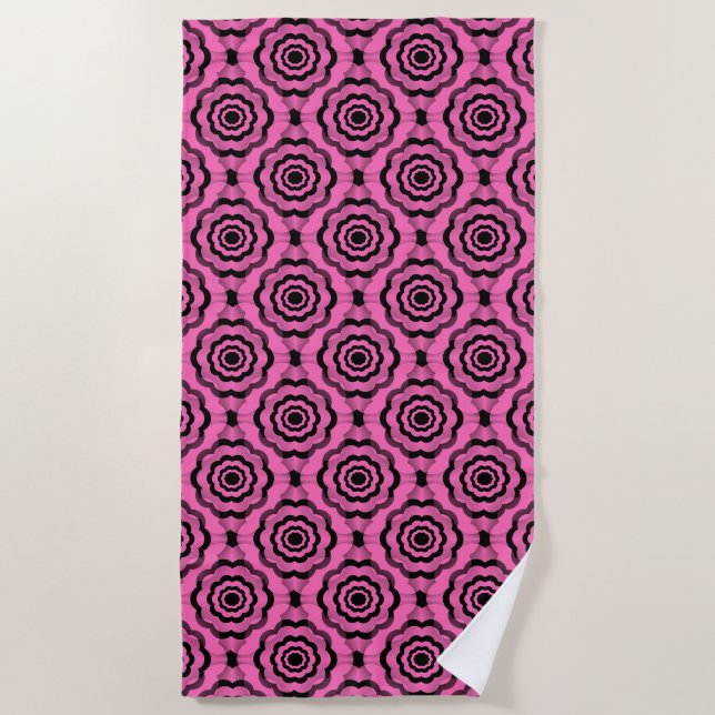 Pink Black Flower Seamless Pattern Beach Towel (Front)