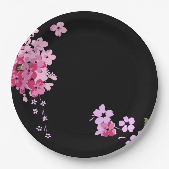 Pink & black flowered paper plates. plate (Front)