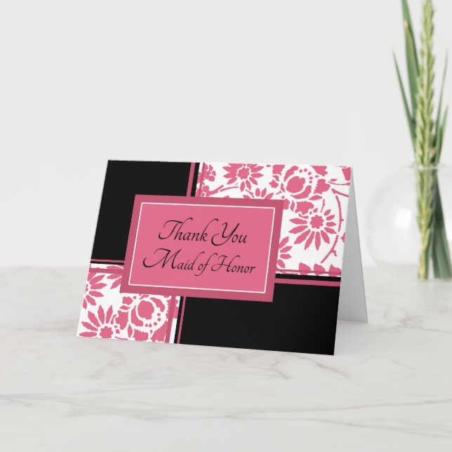 Pink & Black Flowers Thank You Maid of Honour Card (Front)