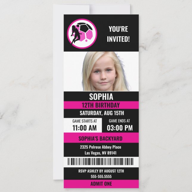 Pink Black Football Ticket Birthday Photo Invitation (Front)