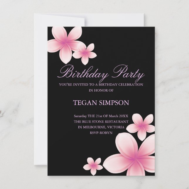 Pink & Black Frangipani Birthday Invite (Front)