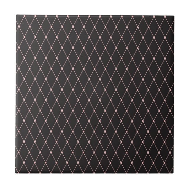 Pink Black Geometric Rhombuses Fancy Harlequin Ceramic Tile (Front)