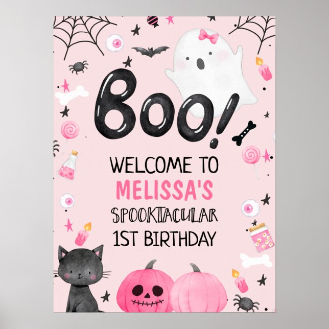 Pink Black Girl Boo Halloween Birthday Welcome Poster (Front)
