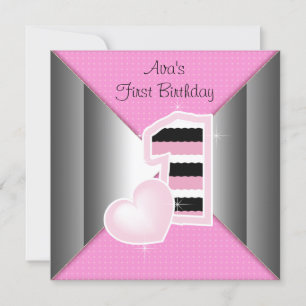 Pink Black Girls 1st Birthday Party Invitation