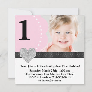 Pink Black Girls Photo 1st Birthday Party Invitation