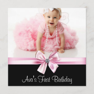 Pink Black Girls Photo First Birthday Party Invitation