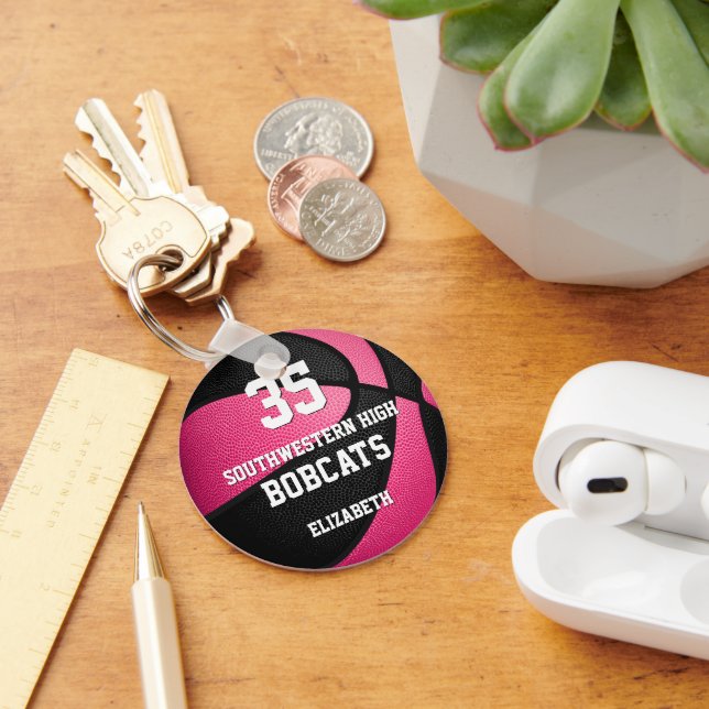 pink black girl's sports basketball team name key ring (Desk)