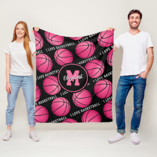 pink black girls sports room I love basketball Fleece Blanket