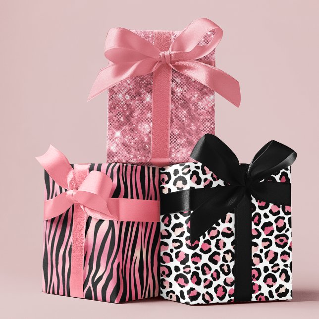 Pink Black Girly Girly Chic Shimmer Animal Pattern Wrapping Paper Sheet (Creator Uploaded)
