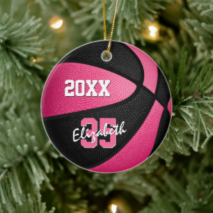 pink black girly sports memento basketball ceramic ornament