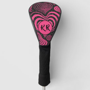 Pink Black Glam Abstract Heart Monogram Initials Golf Head Cover