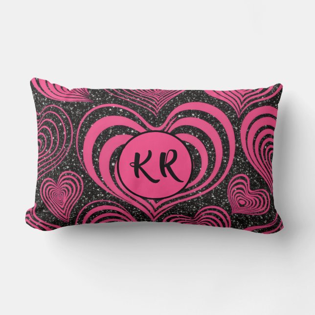 Pink Black Glam Abstract Heart Monogram Initials Lumbar Cushion (Front)