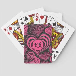 Pink Black Glam Abstract Heart Monogram Initials Playing Cards
