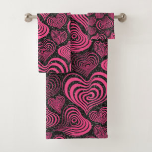 Pink Black Glam Abstract Heart Pattern Bath Towel Set