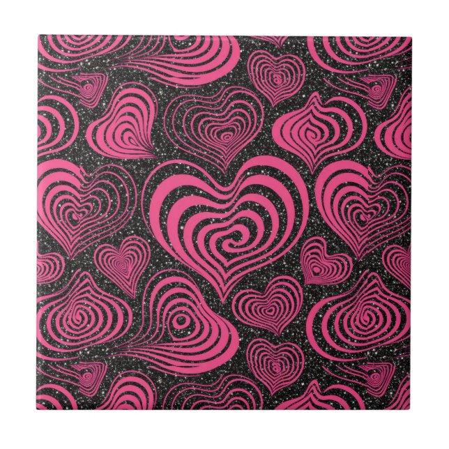 Pink Black Glam Abstract Heart Seamless Pattern Ceramic Tile (Front)