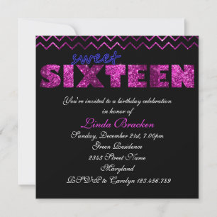 Pink Black Glitter Chevron Sweet Sixteen Invite