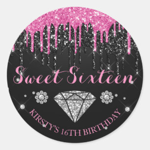 Pink & Black Glitter Drip Sweet Sixteen Classic Round Sticker