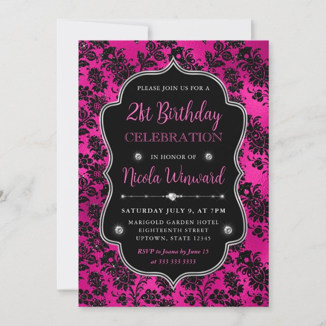 Pink & Black Glitter Flowers Damask 21st Birthday Invitation (Front)