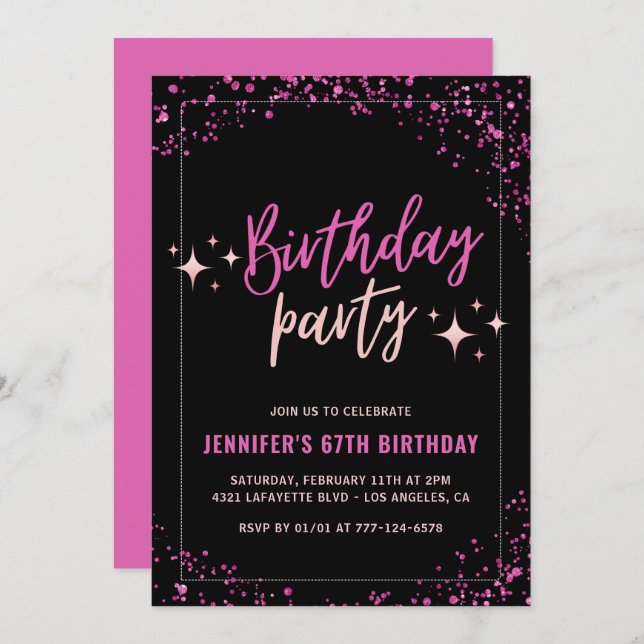 Pink Black Glitter Glam 67th birthday Party Invitation (Front/Back)