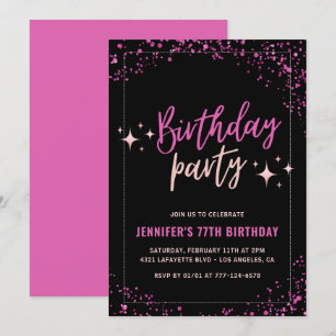 Pink Black Glitter Glam 77th birthday Party Invitation
