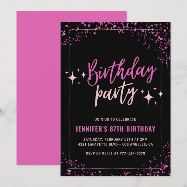 Pink Black Glitter Glam 87th birthday Party Invitation (Front/Back)