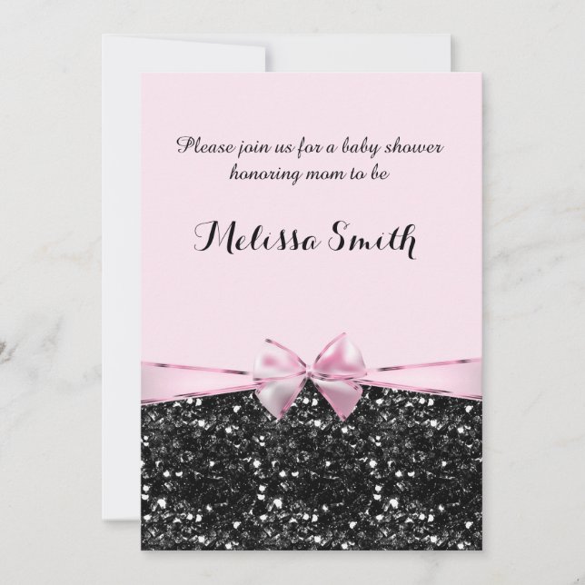 Pink & Black Glitter Glam Bow Girls Baby Shower Invitation (Front)
