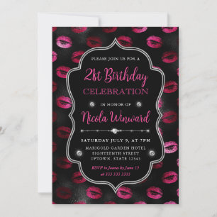 Pink & Black Glitter Lipstick 21st Birthday Invitation