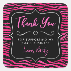 Pink & Black Glitter Tiger Stripes Small Business Square Sticker