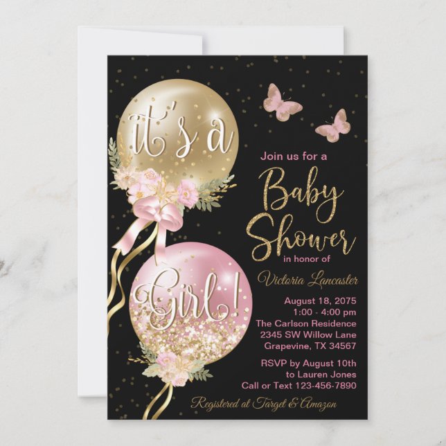 Pink Black Gold Balloon Butterfly Baby Shower Invitation (Front)