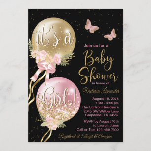 Pink Black Gold Balloon Butterfly Baby Shower Invitation