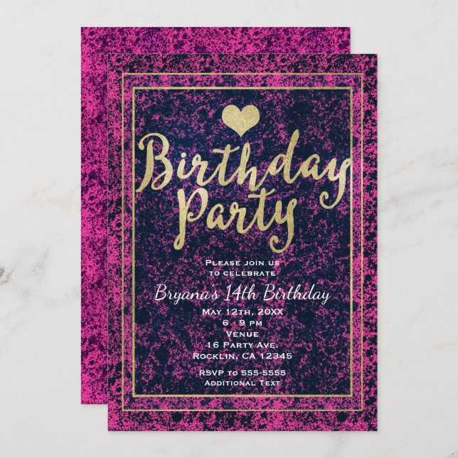 Pink & Black Gold BIRTHDAY PARTY Modern Invitation (Front/Back)