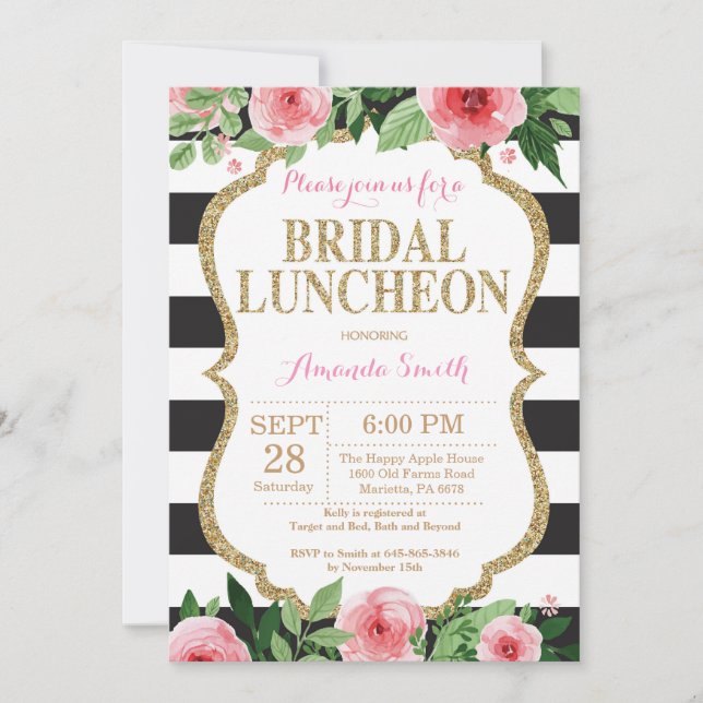 Pink Black Gold Bridal Luncheon Invitation Floral (Front)