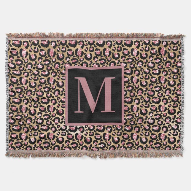 Pink Black Gold Cheetah/Leopard Monogram Initial Throw Blanket (Front)