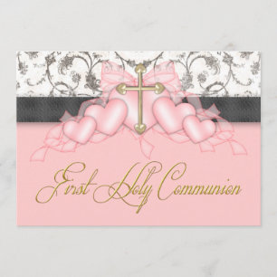 Pink Black Gold Cross Girls Pink First Communion Invitation