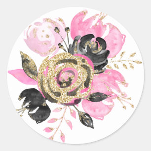 Pink, Black, Gold Floral Wedding Sticker