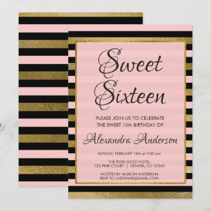 Pink Black Gold Foil Stripe Sweet 16 Birthday Invitation