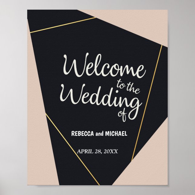 Pink black & gold geometric Wedding Poster (Front)