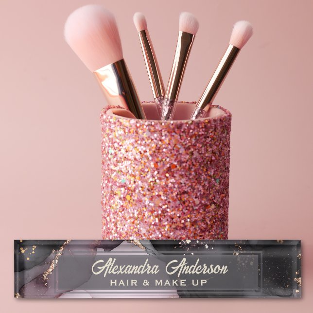 Pink Black Gold Glitter Agate Marble Abstract Nameplate (Pink Black Gold Glitter Agate Marble Abstract Desk Name Plate)