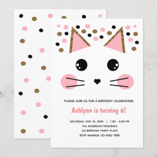 Pink Black Gold Glitter Cat Birthday Invitation