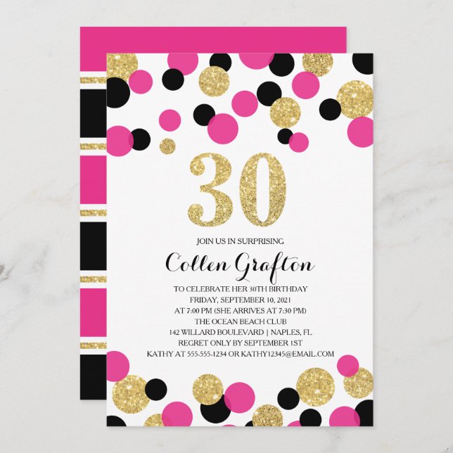 Pink, Black & Gold Glitter Confetti 30th Birthday Invitation (Front/Back)