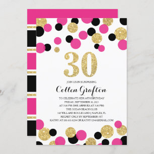 Pink, Black & Gold Glitter Confetti 30th Birthday Invitation