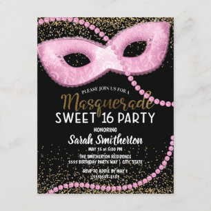 Pink Black Gold Glitter Masquerade Sweet 16 Invitation