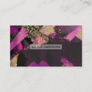 Pink Black Gold Glitter Modern Brush Glam Grunge Business Card