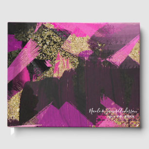 Pink Black Gold Glitter Modern Brush Glam Grunge Guest Book