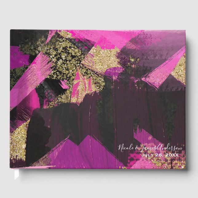 Pink Black Gold Glitter Modern Brush Glam Grunge Guest Book (Front)