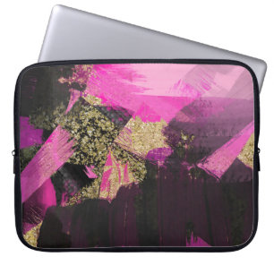 Pink Black Gold Glitter Modern Brush Glam Grunge Laptop Sleeve