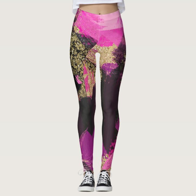 Pink Black Gold Glitter Modern Brush Glam Grunge Leggings (Front)