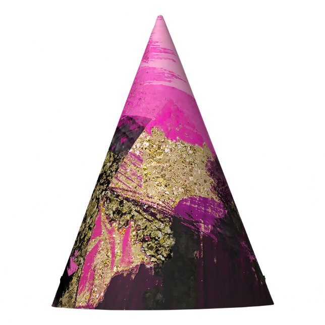 Pink Black Gold Glitter Modern Brush Glam Grunge Party Hat (Front)